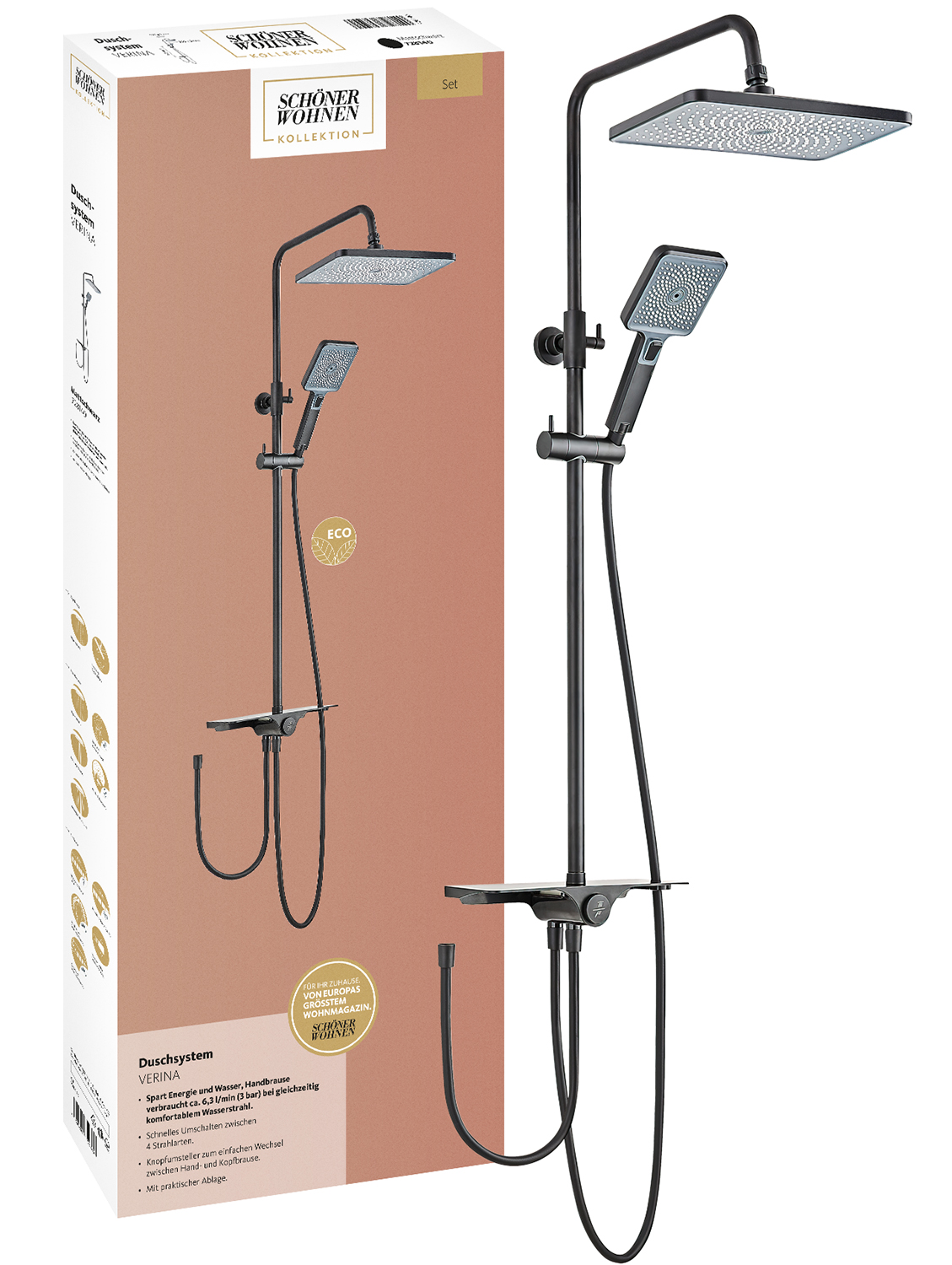 Duschsystem Verina mit Ablage, mit 3-strahliger Spar-Handbrause, Mattschwarz