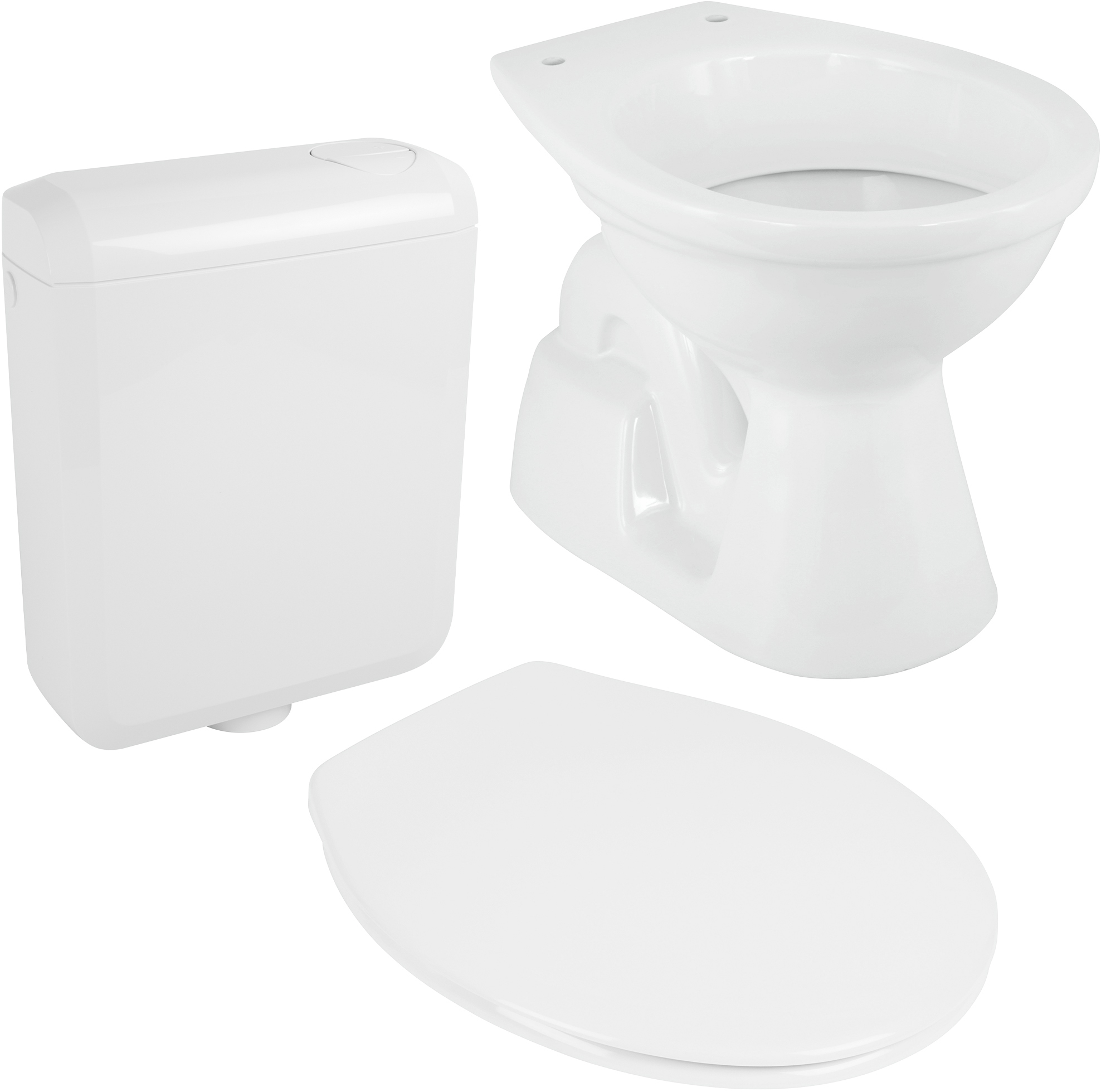 Stand-WC Komplett-Set in Weiß mit Toilettendeckel und Spülkasten