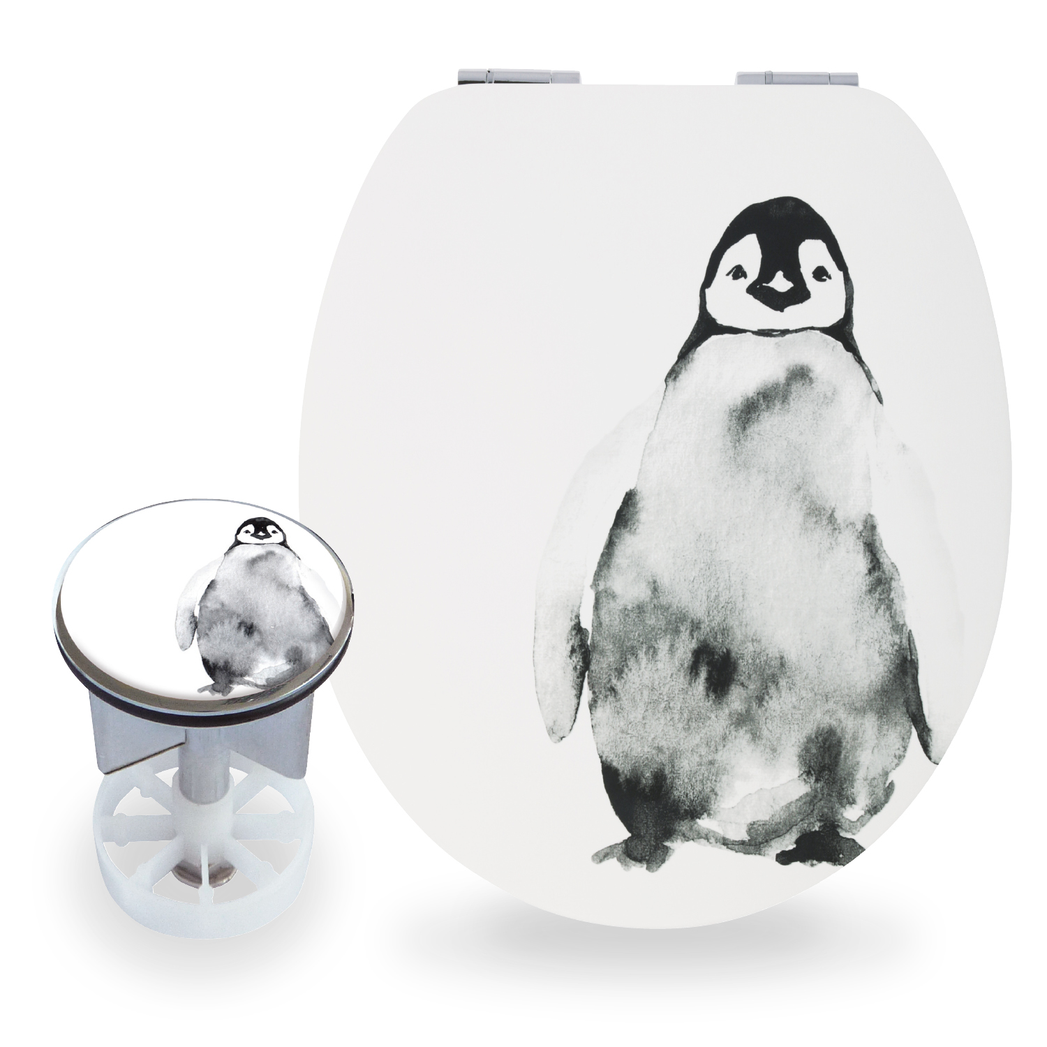 Sitzplatz® Motiv-Set Pinguin, Holzkern WC-Sitz mit Absenkautomatik, Excenterstopfen 38 - 40 mm