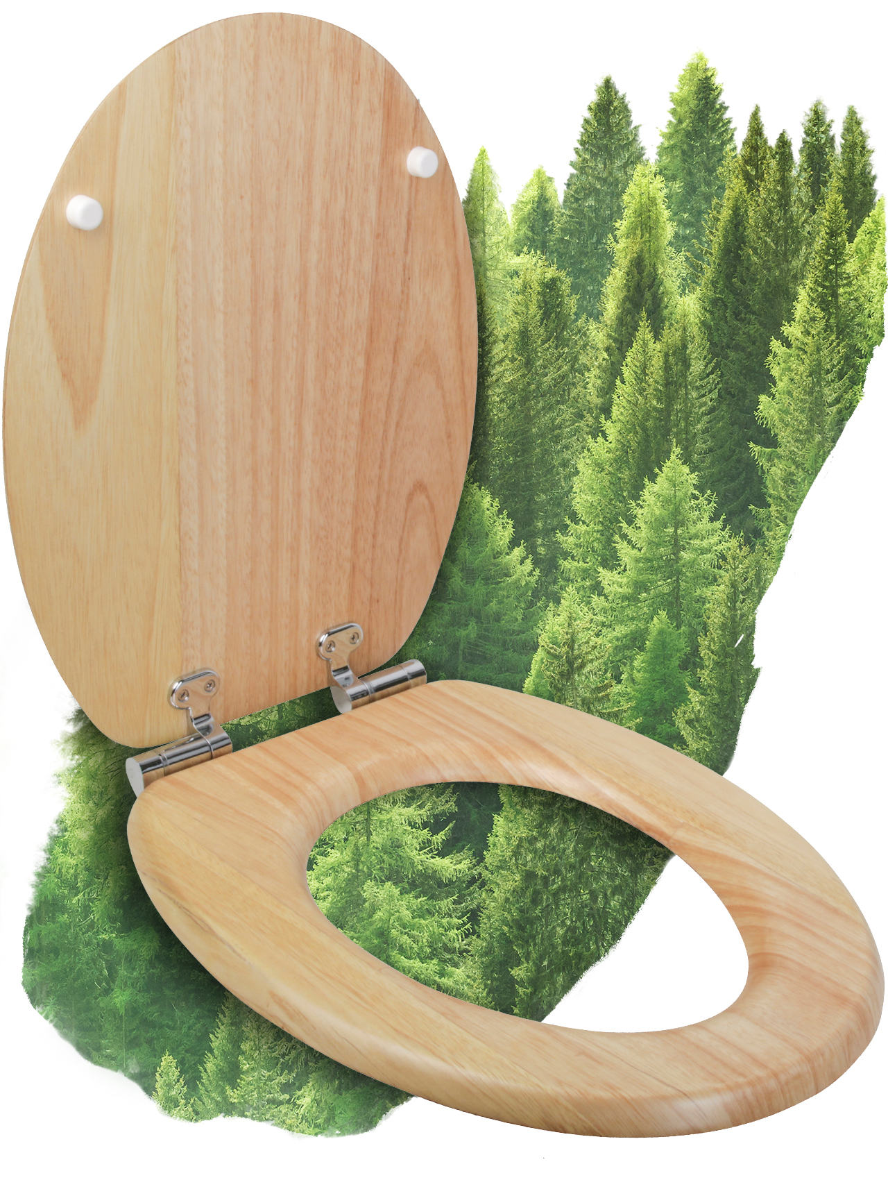 WC-Sitz Holz aus Echtholz-Furnier Kiefer mit Absenkautomatik, Fast-Fix und Edelstahlscharnier, oval