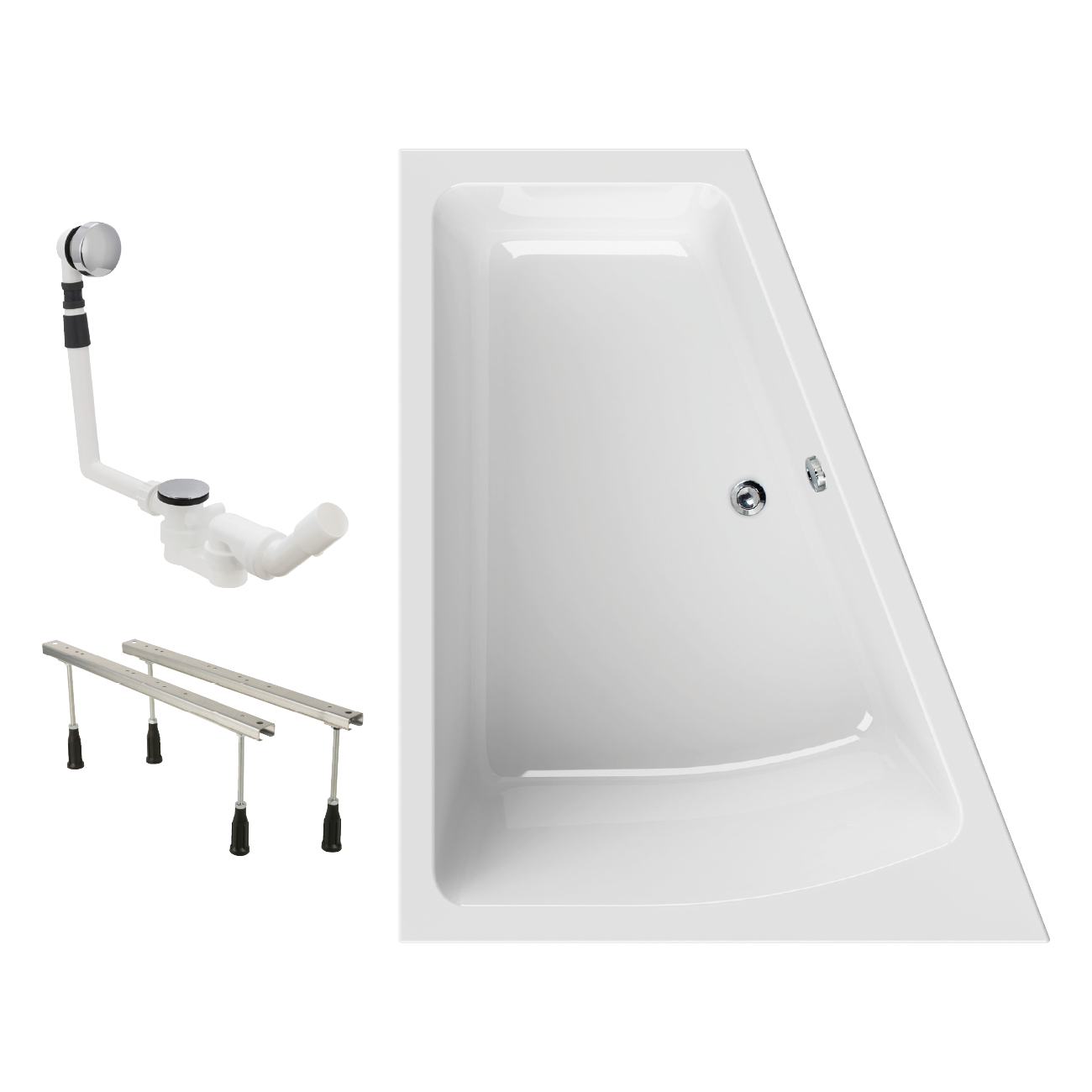Badewannen-Set Modern Plus, 170x140 cm, rechte Ausführung, Set mit Wannenfüßen, Ablaufgarnitur, Weiß