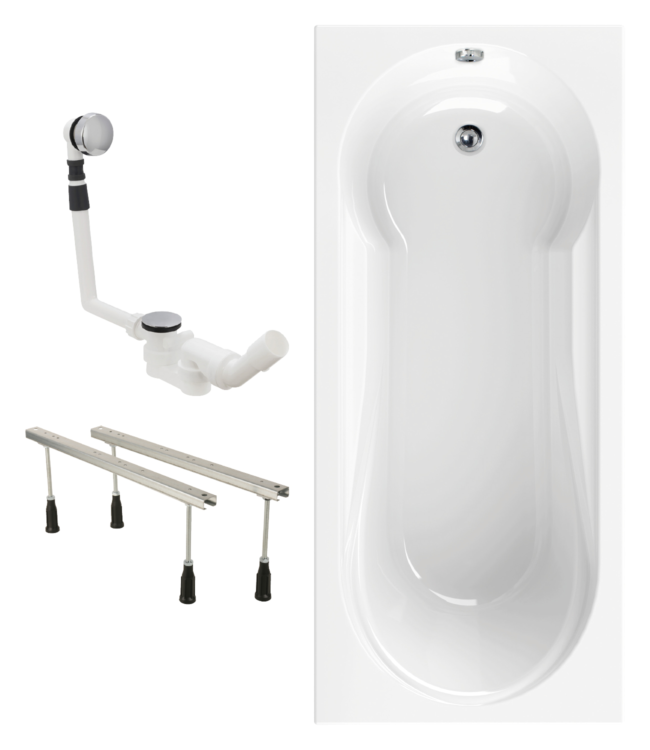 Badewanne Komplett-Set Modern Small 2 mit Duschzone, 180 x 80 cm, Wannenfuß, Ablaufgarnitur