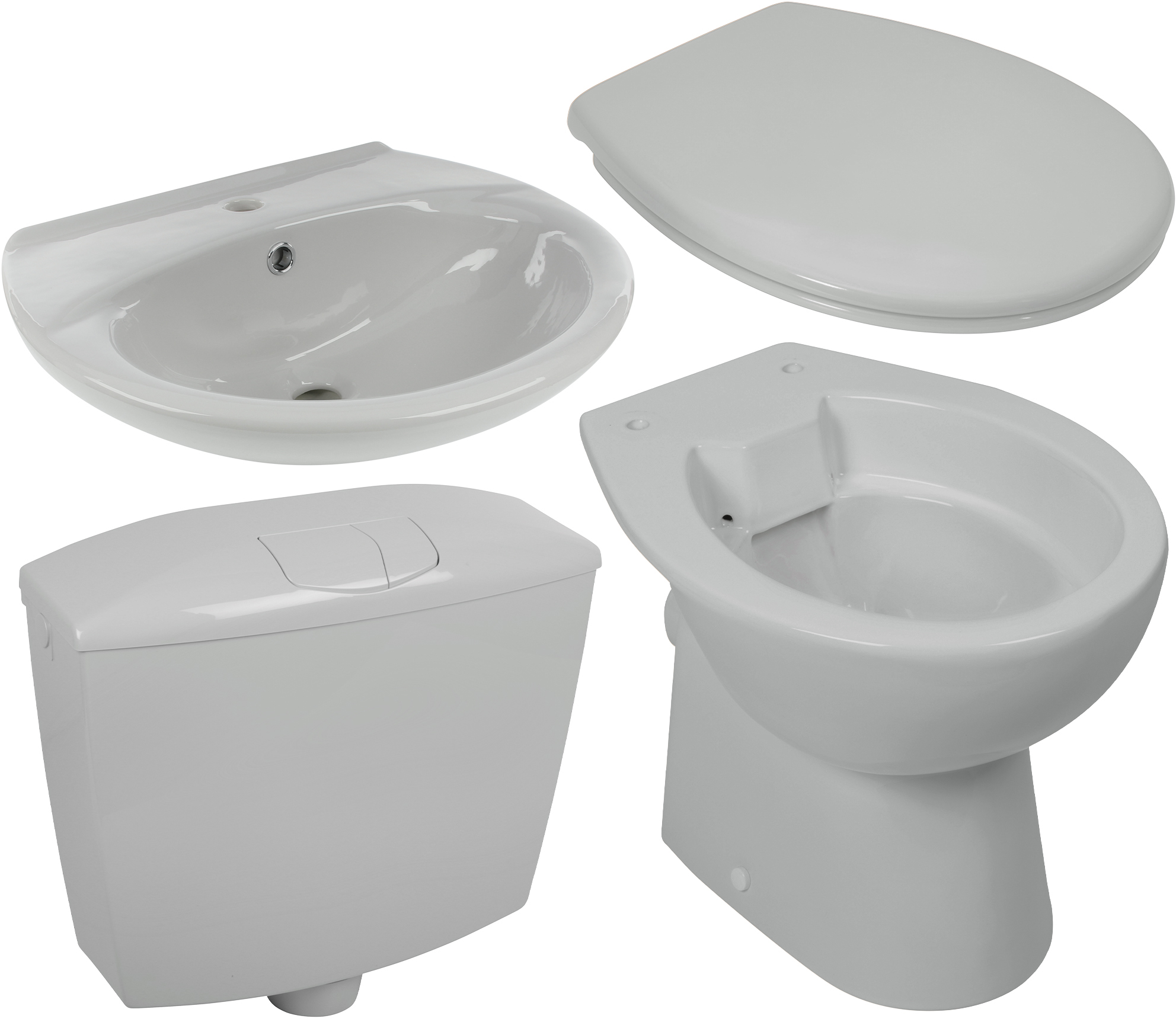 Keramik-Komplettset in Manhattan-Grau mit Stand-WC, WC-Sitz, Spülkasten und Waschtisch 55 cm