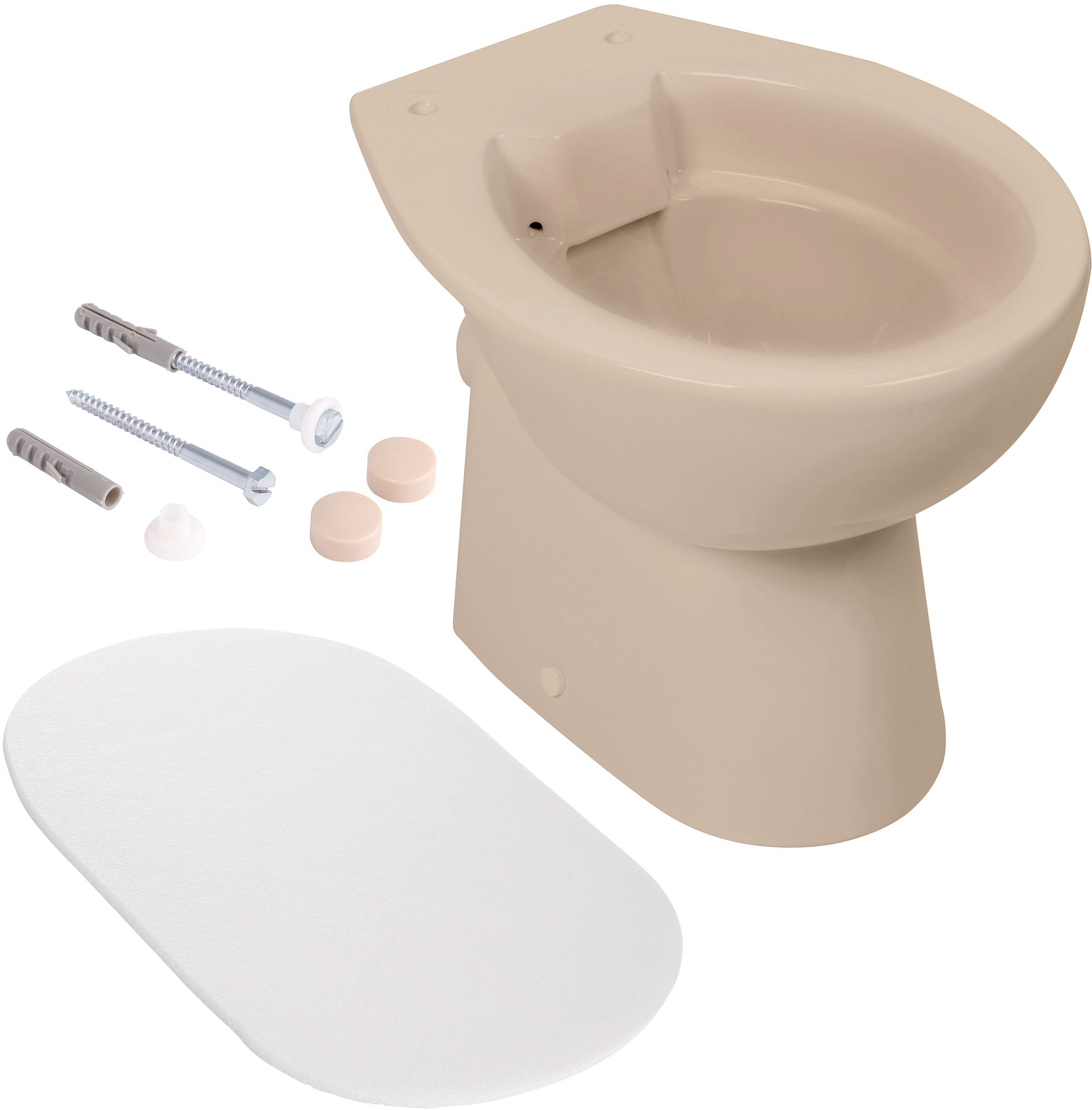 Spülrandloses Stand-WC in Beige mit Schallschutz und Befestigung, Komplett-Set