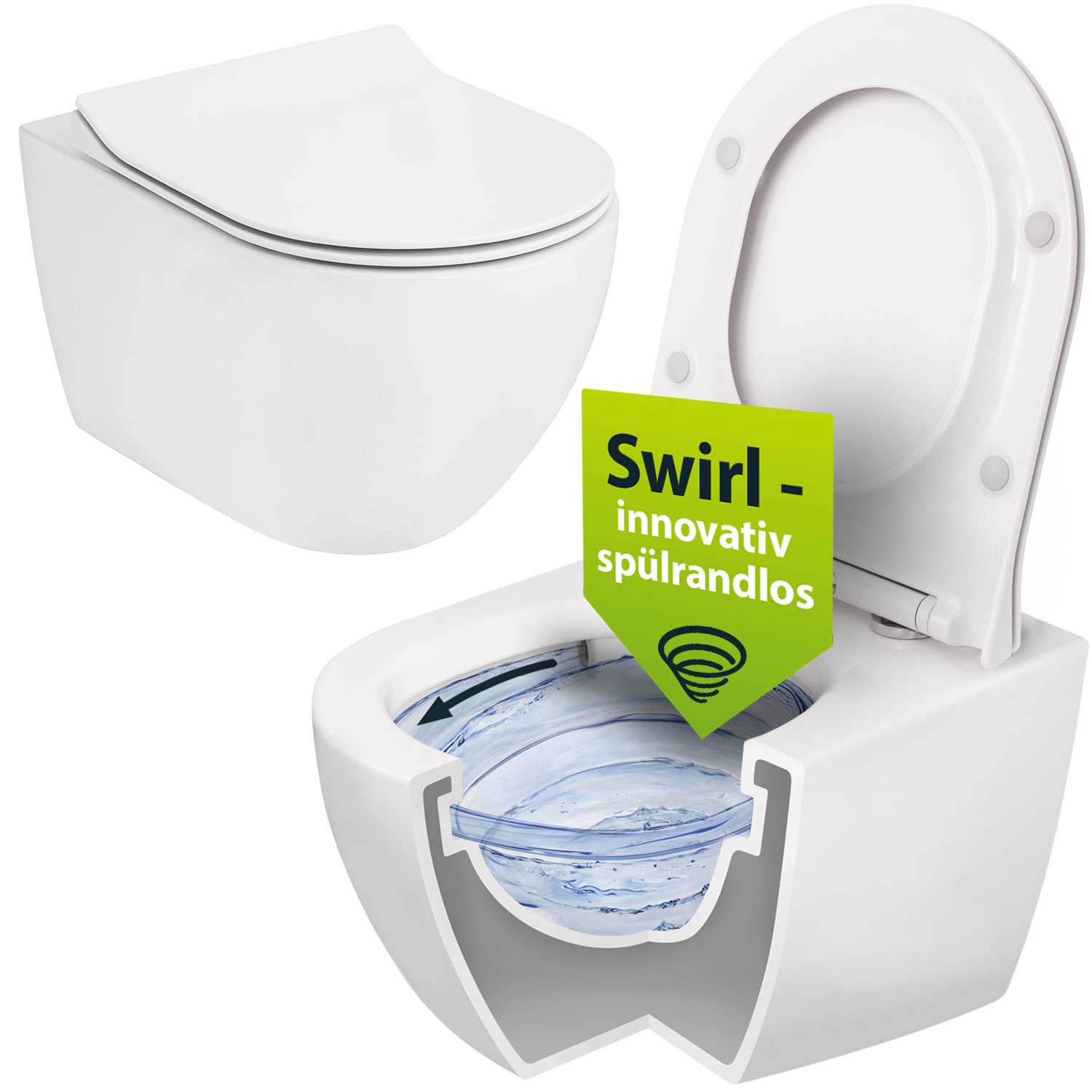 'aquaSu® Wand-WC Spülrandlos 2.0, innovative Swirl-Spülung, spritzfrei, leise, Sitz, Weiß