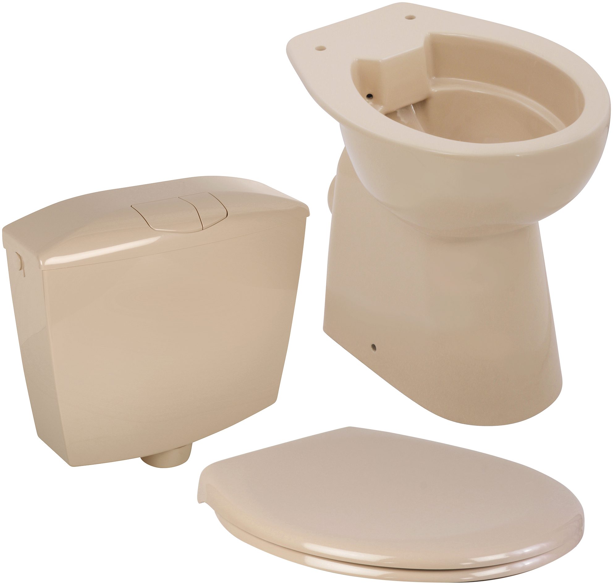 Komplett-Set spülrandloses Stand-WC Elements Wellness, erhöht +7 cm, Beige, mit WC-Sitz, Spülkasten