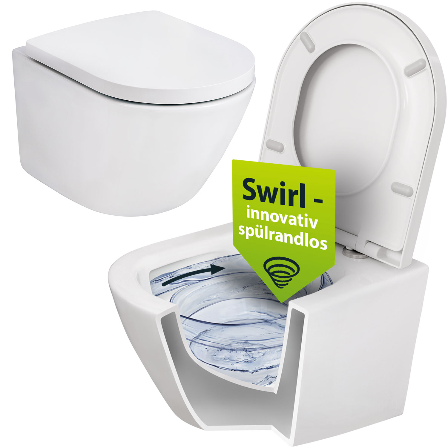 'aquaSu® Hänge-WC Spülrandlos 2.0, innovative Swirl-Spültechnik, spritzfrei, leise, Sitz, Weiß