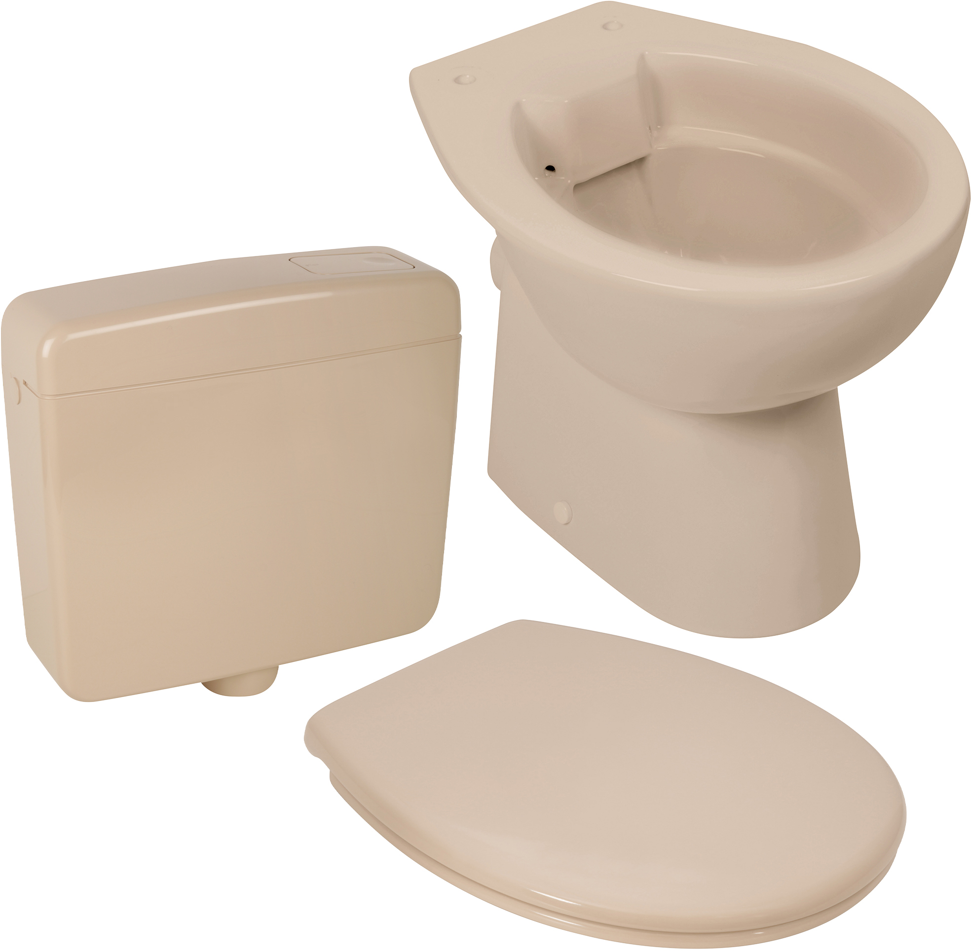 Keramik-Komplettset in Beige, spülrandloses Stand-WC mit WC-Sitz und Spülkasten in Bahamabeige