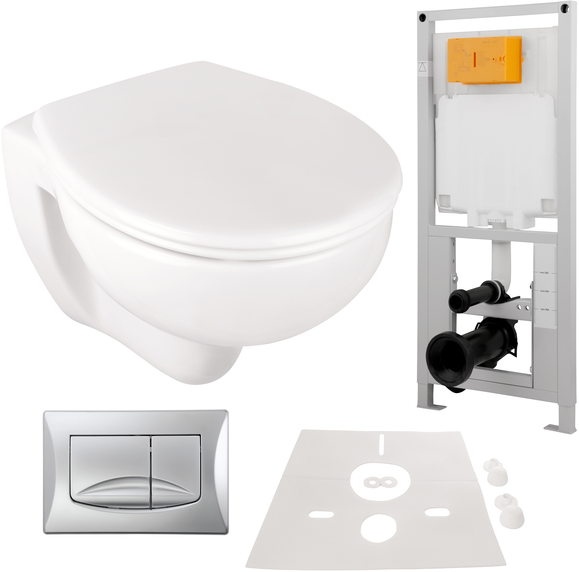 Komplett-Set spülrandloses Wand-WC mit WC-Sitz, Vorwandelement, Drückerplatte, Schallschutz