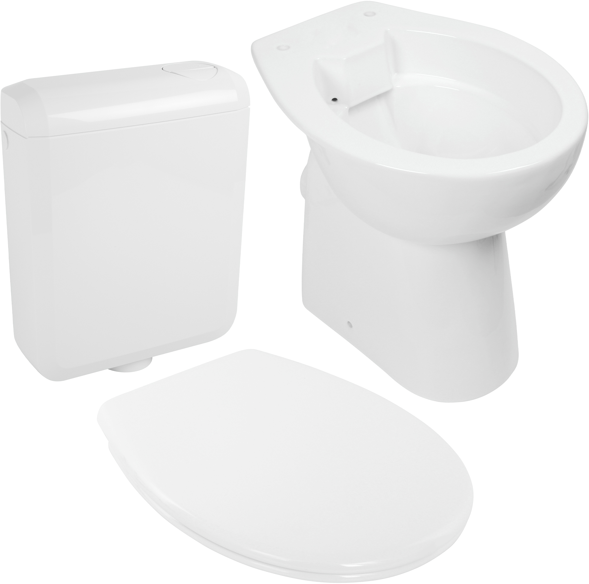 Komplett-Set spülrandloses Stand-WC, +7 cm erhöht, mit WC-Sitz und Spülkasten