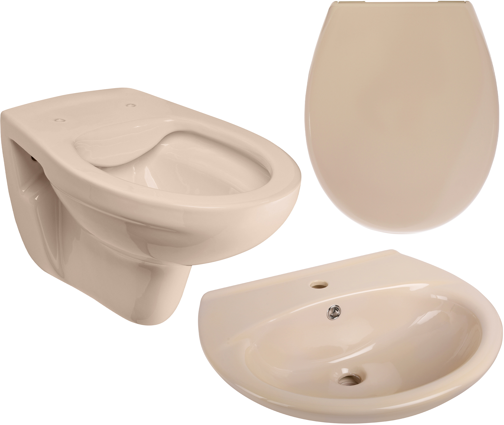 Spülrandloses Wand-WC in Beige mit WC-Sitz und Waschbecken 55 cm, Komplett-Set Keramik
