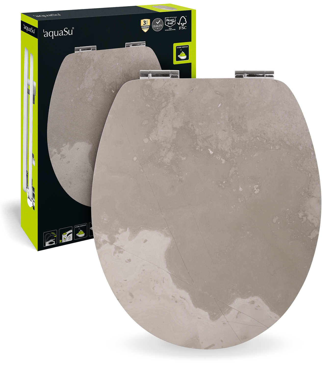 'aquaSu® WC Sitz mit Absenkautomatik und Motiv Coffee Cloud, Stein-Oberfläche, Holzkern, Fast-Fix
