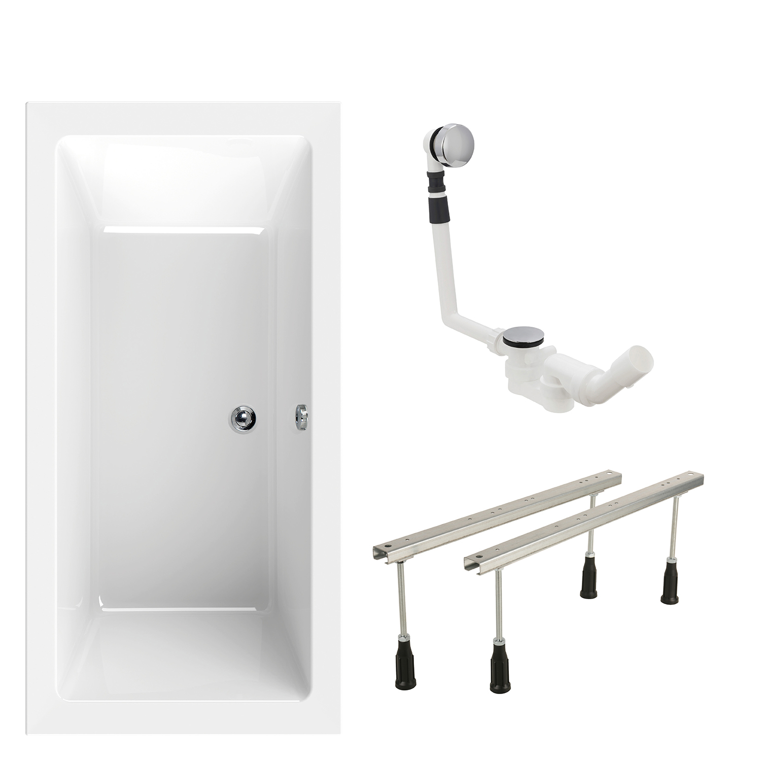 'aquaSu® Badewannen-Set liDano, 180x80 cm, Acrylwanne in Weiß, mit Wannenfüßen und Ablaufgarnitur