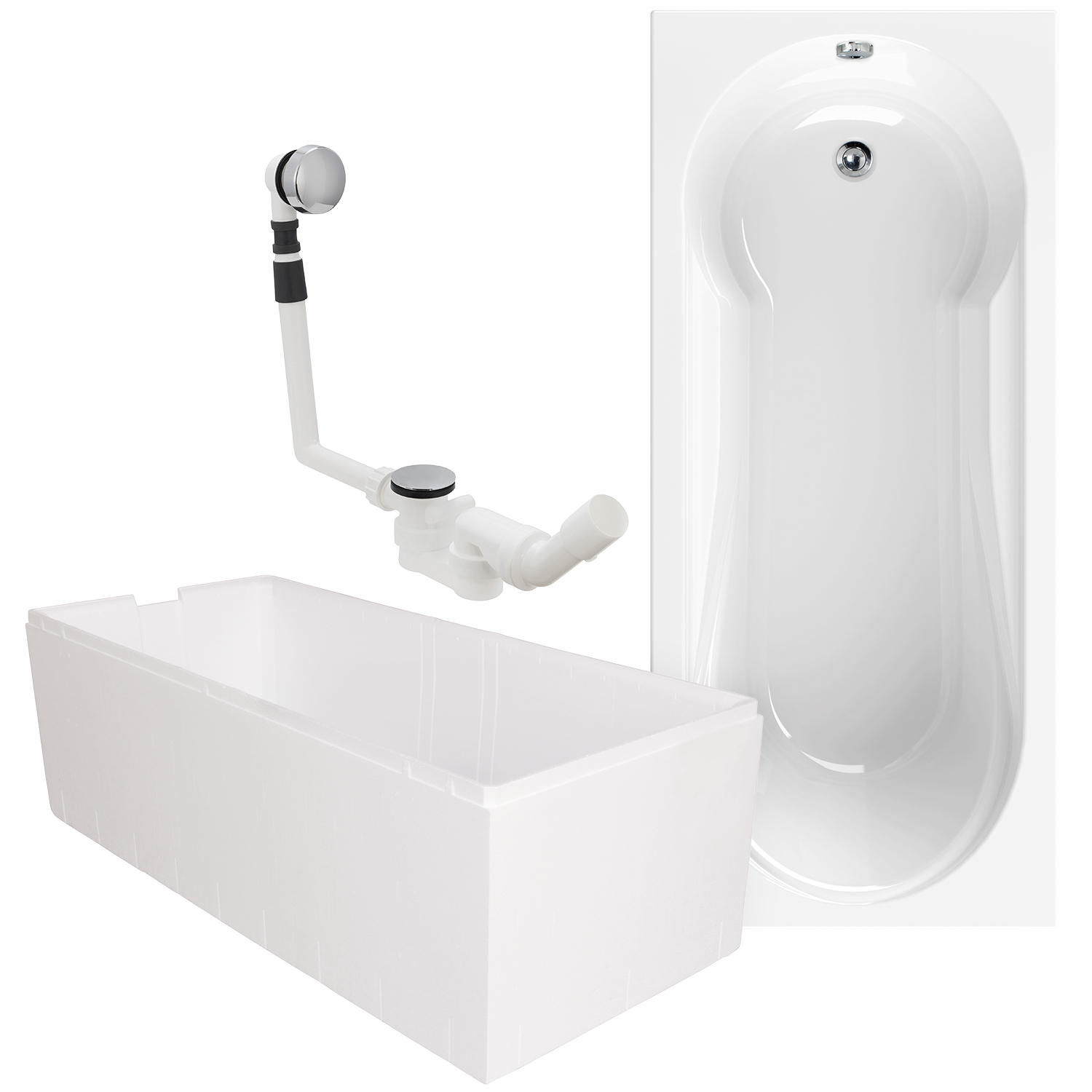 Komplett-Set Duschbadewanne Modern Small 2, 180 x 80 cm, mit Styroporträger und Ablaufgarnitur