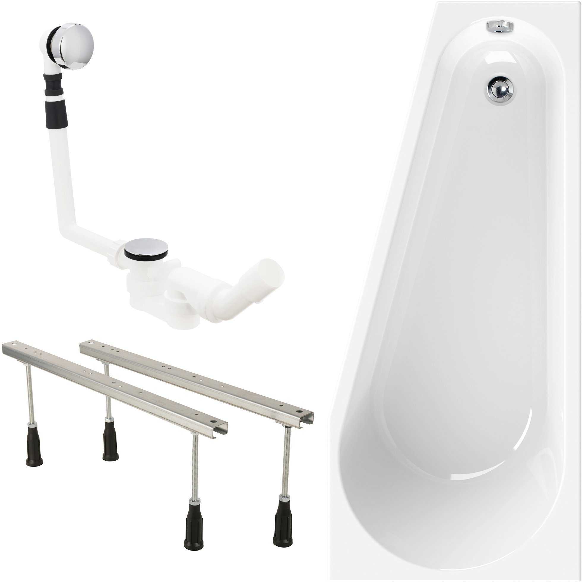 Badewanne Komplett-Set Essential Small in 160 x 70 cm, mit Wannenfuß und Ab- und Überlaufgarnitur