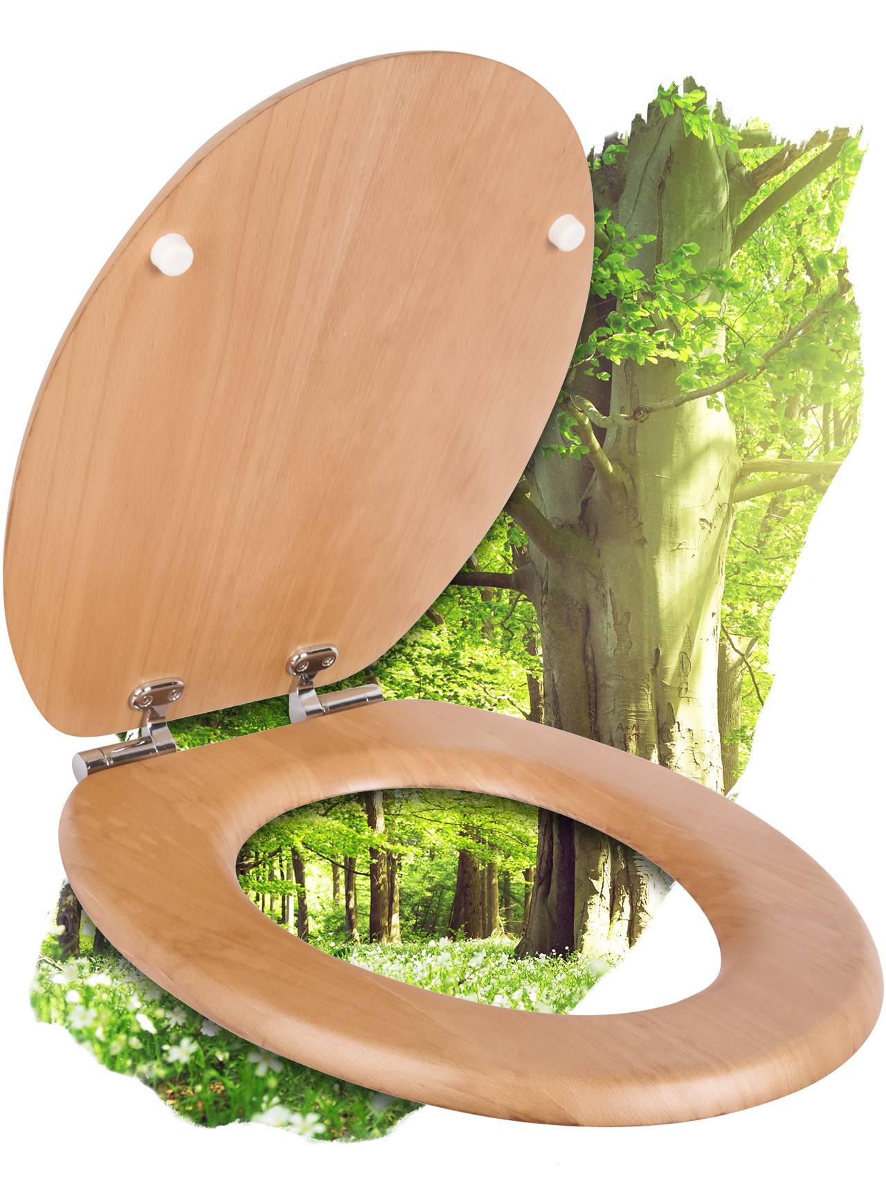 WC-Sitz Holz aus Echtholz-Furnier Buche mit Absenkautomatik, Fast-Fix und Edelstahlscharnier, oval