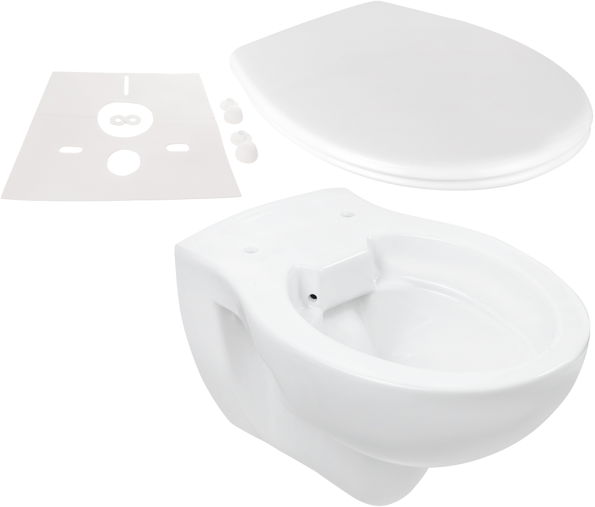 Komplett-Set spülrandloses WC, Wand-WC, Weiß mit Toilettendeckel mit SoftClose, Schallschutz