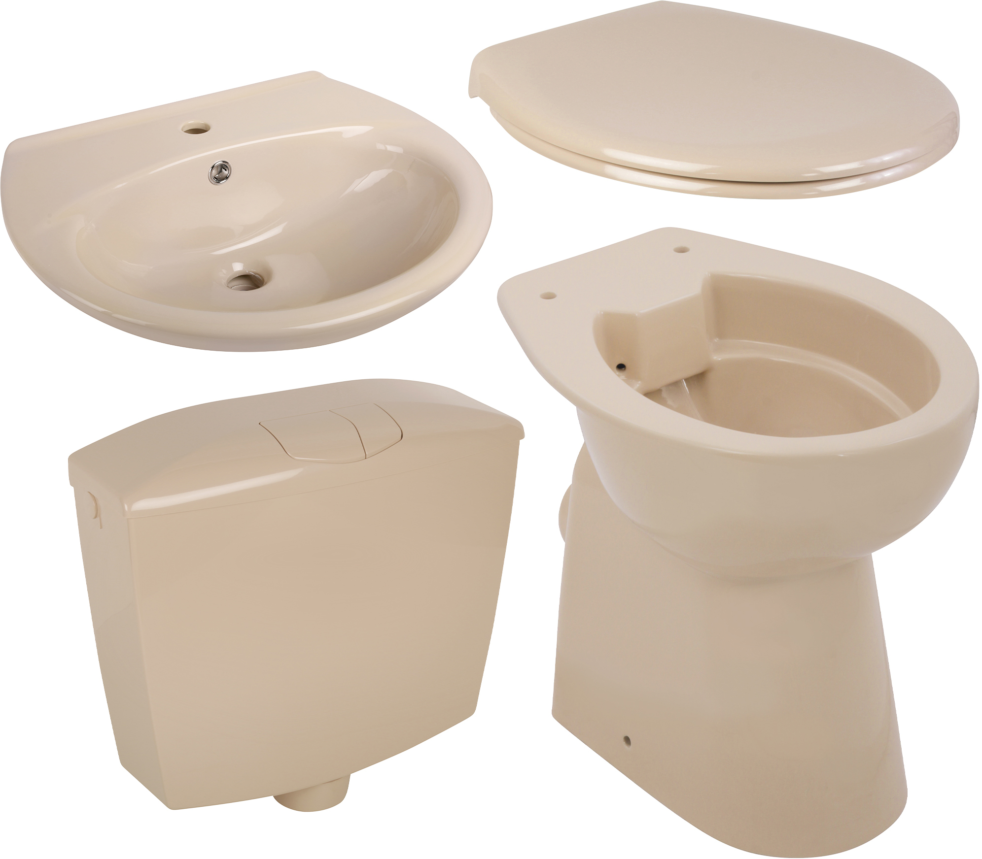 Set Stand-WC Elements Wellness +7 cm, spülrandlos, Beige mit WC-Sitz, Spülkasten, Waschtisch 60 cm