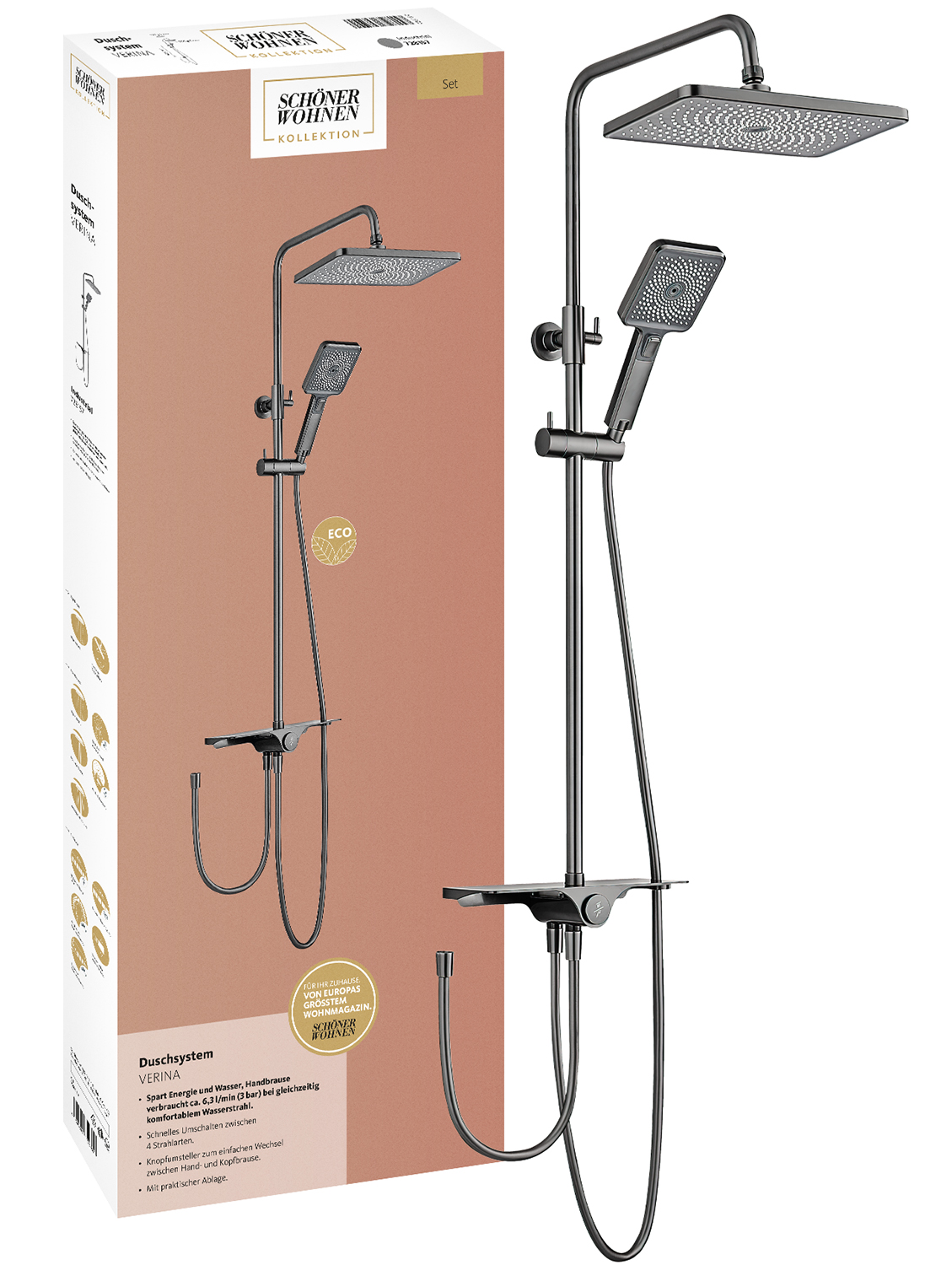 Duschsystem Verina mit Ablage, mit 3-strahliger Spar-Handbrause, Industrial