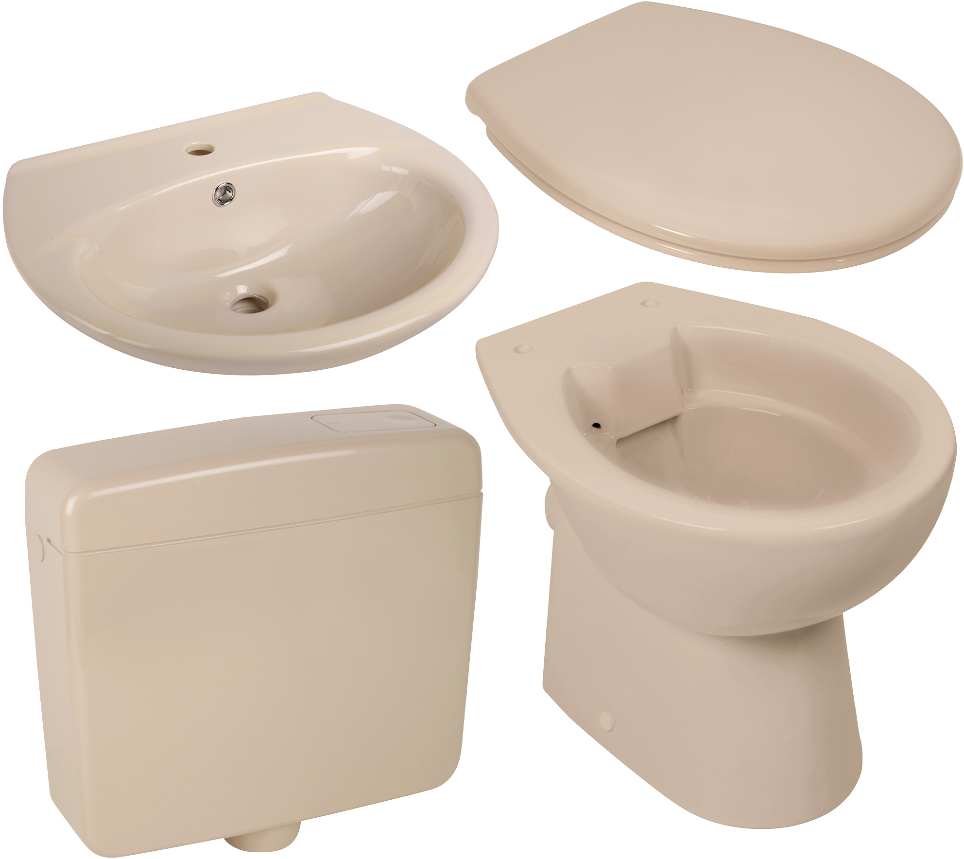 Keramik-Komplettset in Beige mit Stand-WC spülrandlos, WC-Sitz, Spülkasten und Waschtisch 60 cm