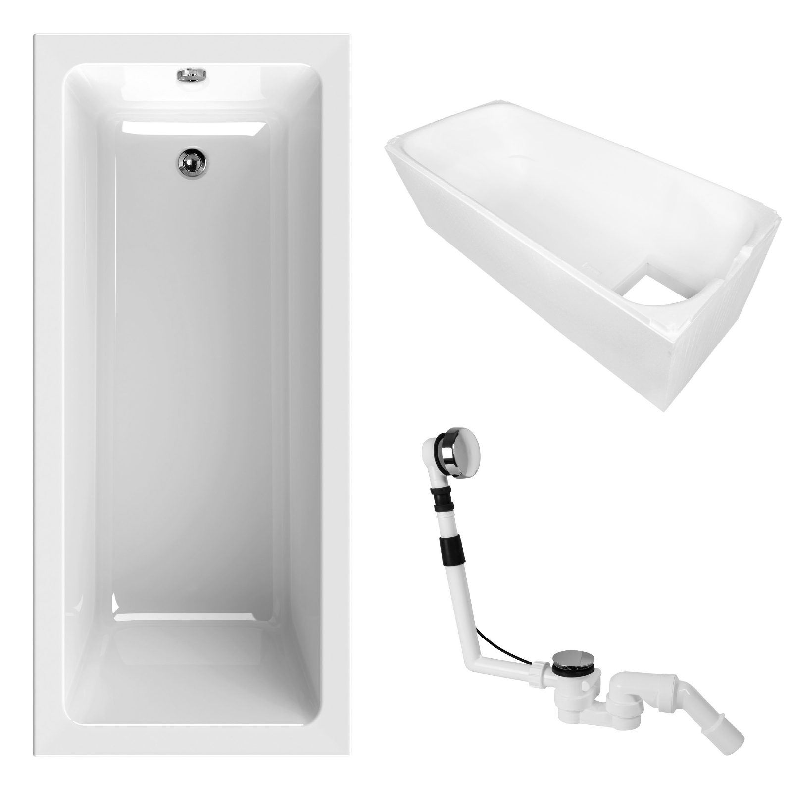 'aquaSu® Badewannen-Set Luxus mit Wannenträger und Excenter-Ablaufgarnitur, 170 x 75 cm in Weiß