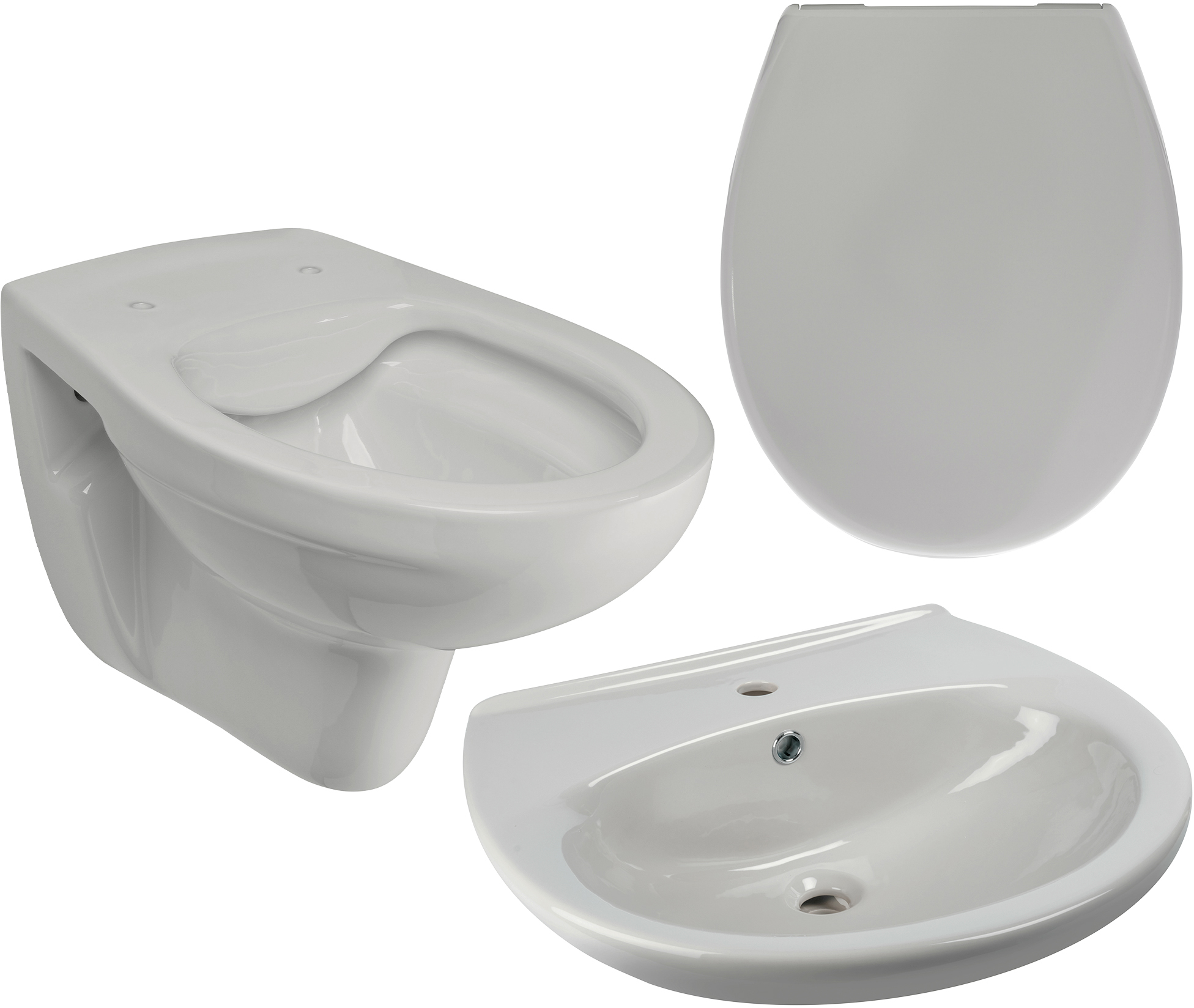 Keramik-Komplettset in Manhattan-Grau, spülrandloses Wand-WC mit WC-Sitz und Waschtisch 60 cm